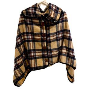 Plaid High Neck Button Poncho